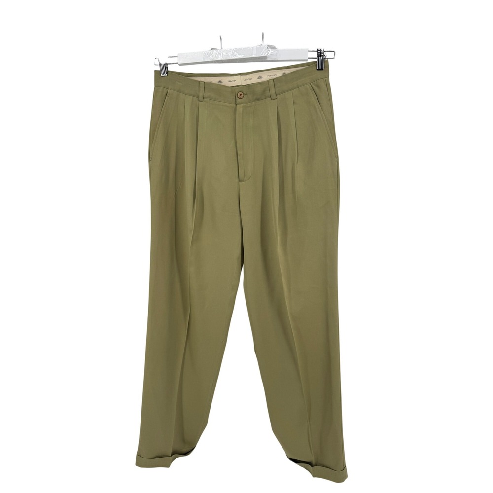 Pusser's Silk Pleated Trousers Mens 36L Olive Green Cuffed High Rise Island